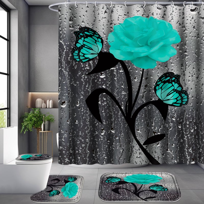 Poedist 4 Pcs Bathroom Set Green Rose Shower Curtain Sets  Romantic Shower Curtain Sets with Rugs(Bath Mat U Shape and Toilet Lid Cover Mat) and 12 Hooks - Image 1